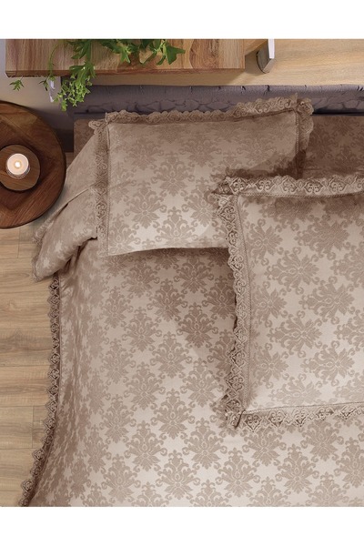 Lady London Aden Şönil Buklet Dantelli 3 Parça Yatak Örtüsü Çift Kişilik - Bej Rengi