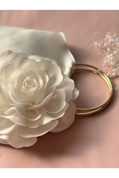 GUSTELLO White Gold Metal D Handle 3D Rose Motif Flower Handbag |   Wedding/Invitation Packages