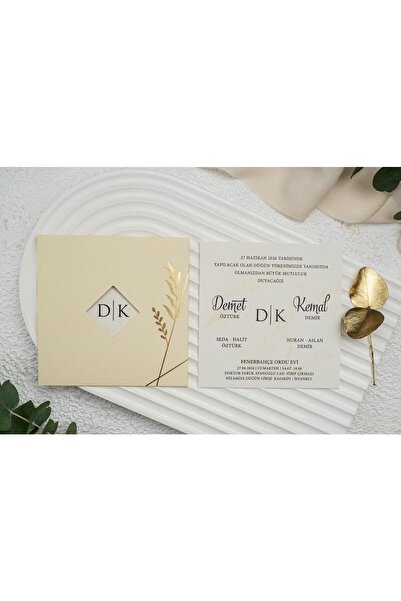 ERDEM DAVETİYE Krem Zarflı Nikah, Nişan, Kına, Düğün Davetiyesi (50 Adet) 9313