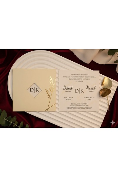 ERDEM DAVETİYE Krem Zarflı Nikah, Nişan, Kına, Düğün Davetiyesi (50 Adet) 9313