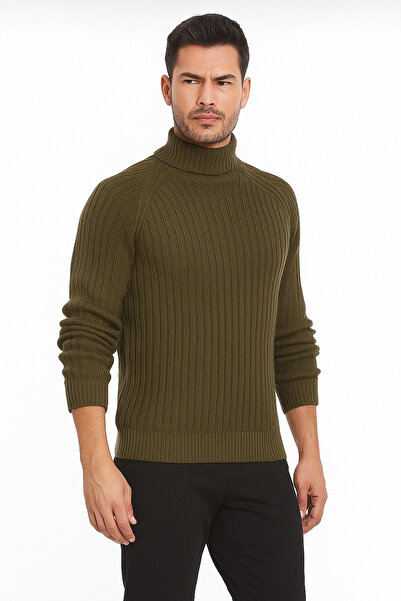 RTD&VLD Rtd & Vld Men's Khaki Green Full Turtleneck Knitwear Sweater
