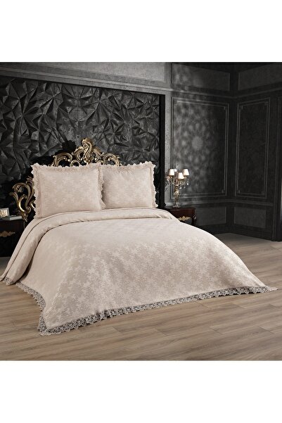 Lady London Aden Şönil Buklet Dantelli 3 Parça Yatak Örtüsü Çift Kişilik - Bej Rengi