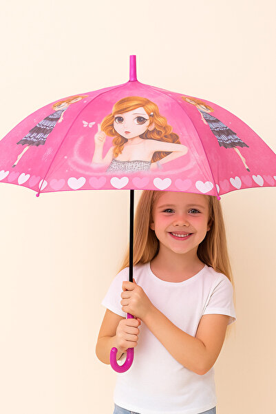 esdekor 8 Telli Otomatik Çocuk Şemsiye Kız Pembe Kalpli Kelebek Moda 1 Adet