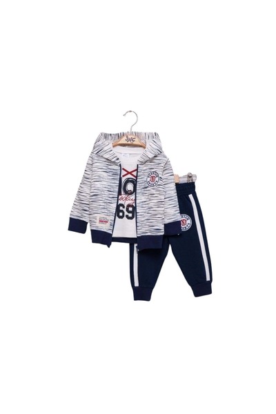 atabay Fashion Sports Embroidered Hooded Three-Piece Bottom-Up Set Dark Blue