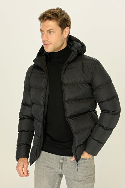 RİVERCLUP Schwarzer, dick gefütterter, winddichter Wintermantel mit Kapuze für Herren