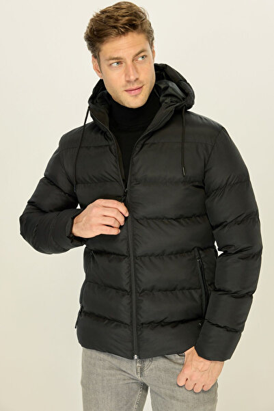 RİVERCLUP Schwarzer, dick gefütterter, winddichter Wintermantel mit Kapuze für Herren