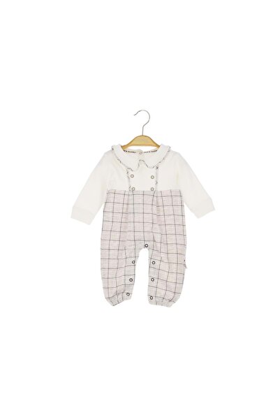 atabay Checkered Bottomed Baby Collar Combed Cotton Jumpsuit with Ruffles Brown