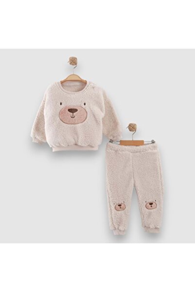 Necix's Bear Embroidered Plush Bottom and Top Set Cream