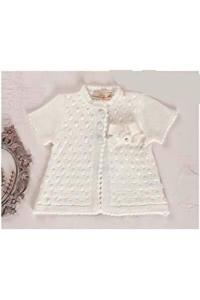 RYZE ÇOCUK Tricot Cardigan with Pompon Collar and Bow Detail Ecru