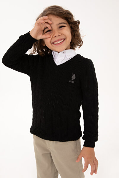 U.S. Polo Assn. Boy's Black V-Neck Basic Sweater 50315639-Vr046
