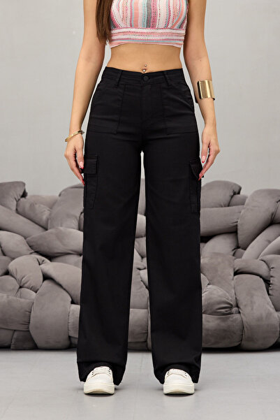 BİKELİFE Schwarze Lycra-Hose mit hoher Taille und weitem Bein und Cargotaschen