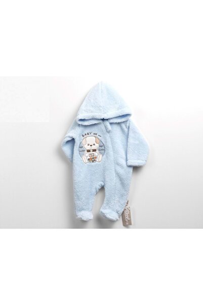 atabay Hooded Zippered Plush Jumpsuit with Footballs Blue