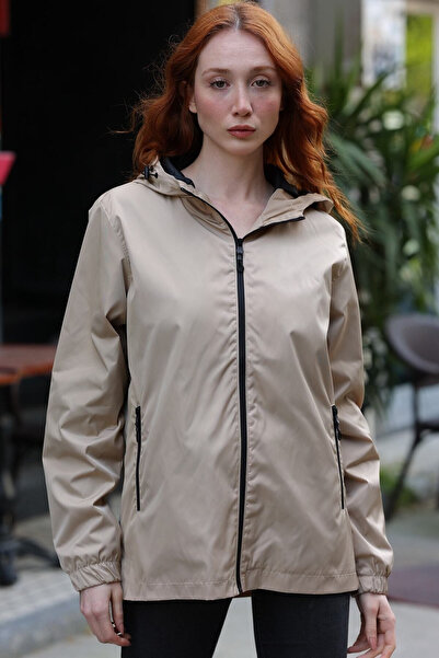 river green Γυναικείο παλτό τσέπης με κουκούλα σε μπεζ γραμμή