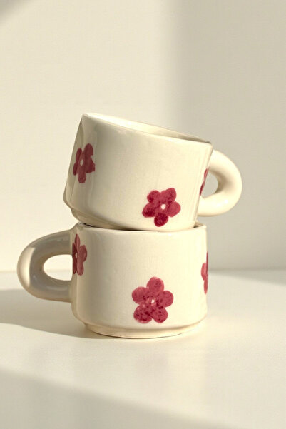 YUUGI CERAMIC Handmade Ceramic Mug Pink Flower Patterned Mug Cup 180 ml Mug Coffee Cup
