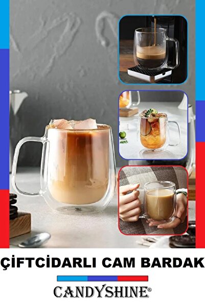 CandyShine Çift Camlı Çift Çidarlı Bardak Kulplu Cam Bardak Çift Katlı Isı Ya...