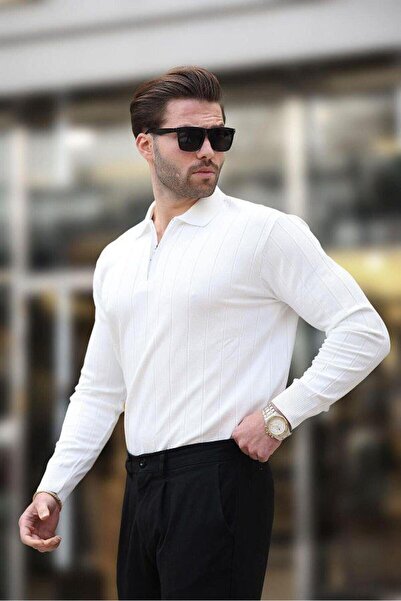 ribana Чоловічий Slim Fit Поло з коміром на блискавці з каймою Трикотажний светр - 4001