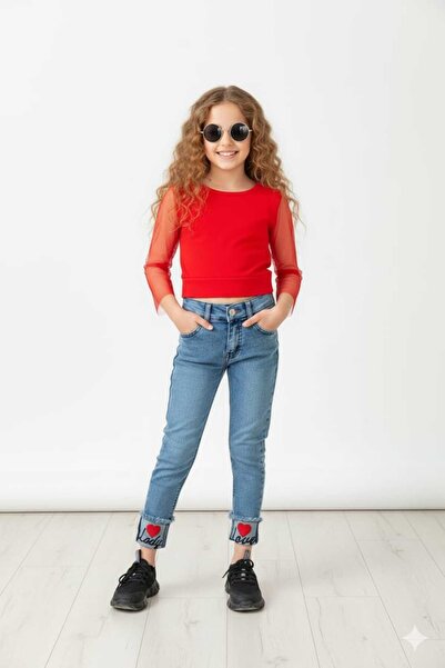 Burçak Butik Kız Çocuk Bluz / Paça Nakış Kot Pantolon / Toka 3'lü Takım