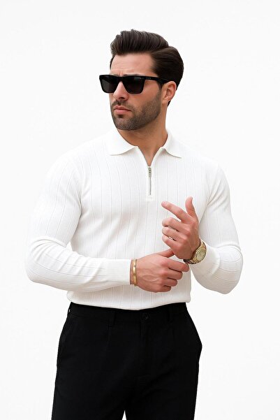 ribana Чоловічий Slim Fit Поло з коміром на блискавці з каймою Трикотажний светр - 4001