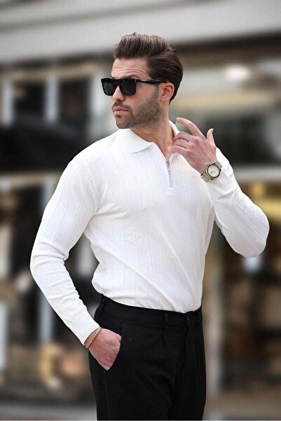 ribana Чоловічий Slim Fit Поло з коміром на блискавці з каймою Трикотажний светр - 4001