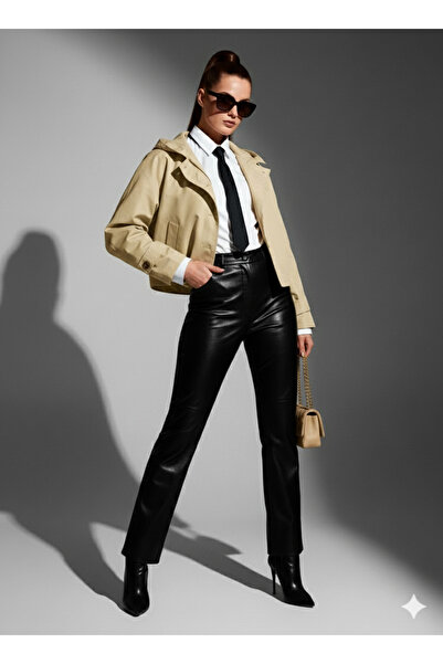 Nina Fashion Club Trençkot Kapşonlu Crop Bej