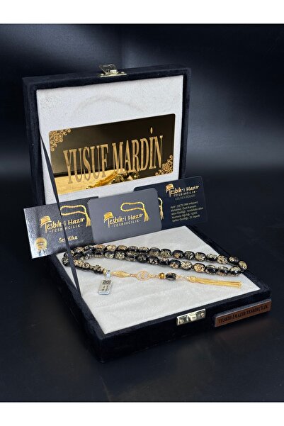 Tesbih-i Hazır Tesbihçilik Siyah Renk Sertifikalı Orijinal 24 Ayar Altın Parçacıklı Tesbih 14 Ayar Altın Kaplama Özel Tasarım