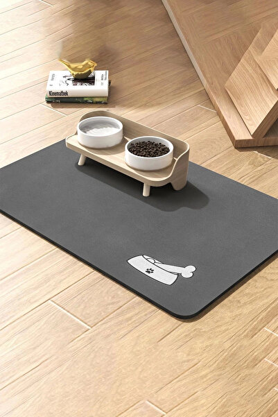 MatGo Pati Evcil Hayvan Beslenme Matı Kemik Figürlü Su Geçirmez Kaymaz Gri Ke...