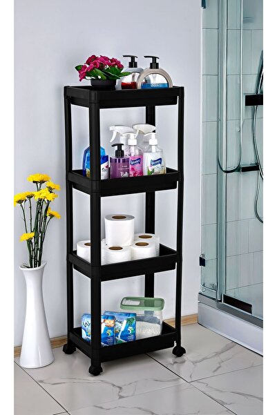 Carpekitchen وحدة أرفف للحمام والمطبخ مكونة من 4 طبقات، منظم شامبو للحمام والمطبخ باللون الأسود، رف للخضروات، خزانة