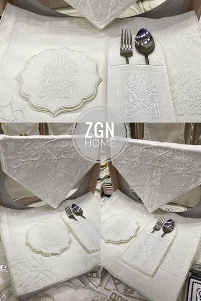 ZGNHome 19 Parça 6 Kişilik Ramazan Ayı Beyaz Nakışlı Amerikan Servis Takımı