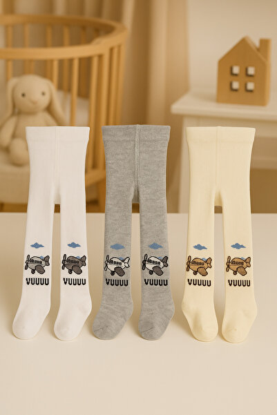 Pico Baby 3'lü Unisex Bebek & Çocuk Pamuklu Külotlu Çorap Renkli Uçak Desenli