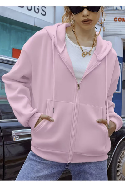 LG LAGULER VESTITI Άνετο μαλακό υφήματος με 3 κλωστές ροζ φούτερ με φερμουάρ για το φθινόπωρο και το χειμώνα