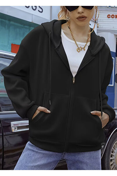 LG LAGULER Vestiti Comfortable Soft Textured 3-Thread Black Zip-Up Cardigan Sweatshirt for Fall and Winter