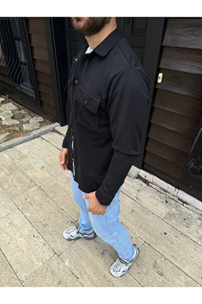 ARONA Mdb Men's Diagonal Fabric Pocket Snap Fastener Long Sleeve, Shirt Oversized Comfortable Fit Casual Stylish Til Black