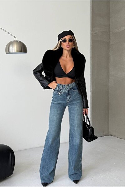 MEECY Women's High Waist Belt Detailed Palazzo Stretch Fabric Jeans