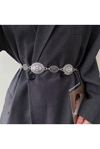 Freya Antik Bohem Etnik Desenli Gümüş Renk Kemer