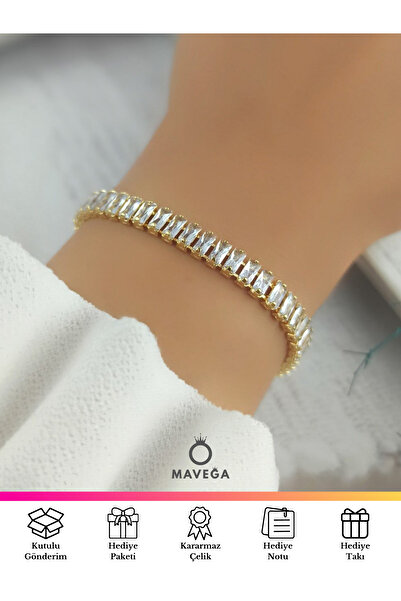 MAVEGA Dikdörtgen Baget Kesim Zirkon Su Yolu Bileklik | Kararmaz Çelik, Zirko...