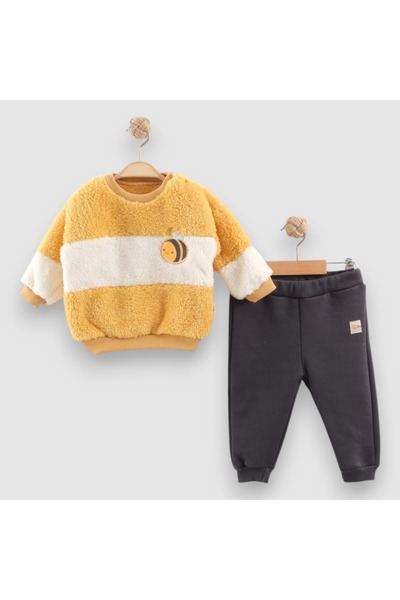 Necix's Happ Bee Embroidered Plush Sweatshirt Three Thread Sha Fleece-Lined Lt Set Yellow