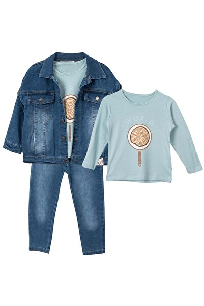 Necix's World Printed Sweatshirt Denim Coat Pants Set Mint Green