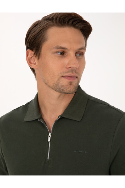 Pierre Cardin Hanorac Basic Pike, verde închis, croială slim, fără rulare, cu fermoar și guler polo 50314046-VR079