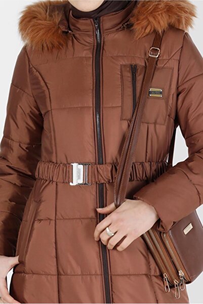 Alvina Hooded Fur Coat with Detailed Trim on the Sides 90213