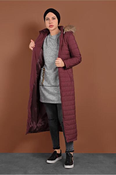 TRENDTESETTÜR Women's Burgundy Zippered Puffer Coat 3102