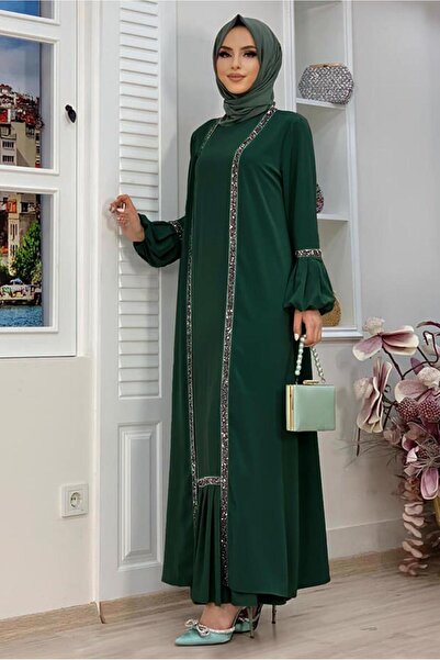 TRENDTESETTÜR KADIN YEŞİL (ZÜMRÜT) TAŞLI ŞERİT DETAYLI ELBİSELİ TAKIM T 7563