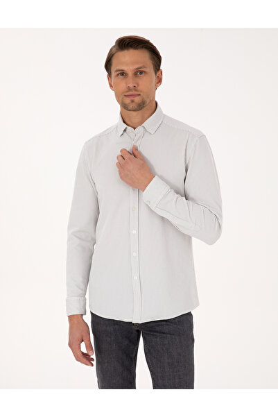 Pierre Cardin قميص رمادي مرن بأكمام طويلة مكون من قصة ضيقة خطوط 50307162-VR024