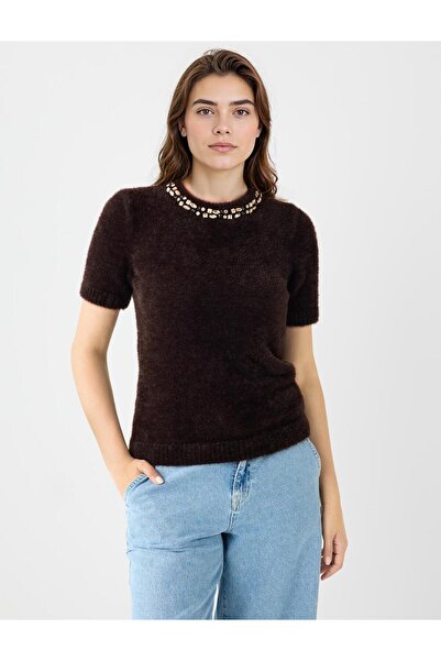 Jimmy Key Acı Kahve Düz Kesim Yuvarlak Yaka Triko Kazak