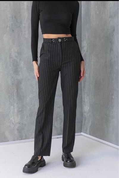 ribana Stone Striped Fabric Pants with Belt Button