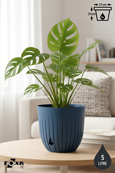 ToXA Çizgi Saksı 5 Litre Plastik Delikli Tabaklı Çiçek Saksısı