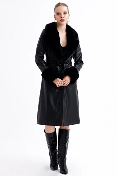 KASİDE Collar and Ankle Fur Leather Coat
