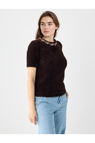 Jimmy Key Acı Kahve Düz Kesim Yuvarlak Yaka Triko Kazak