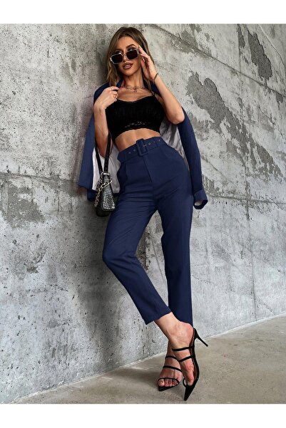 ribana بنطال نسائي كلاسيكي بحزام عالي الخصر من القماش -k3851