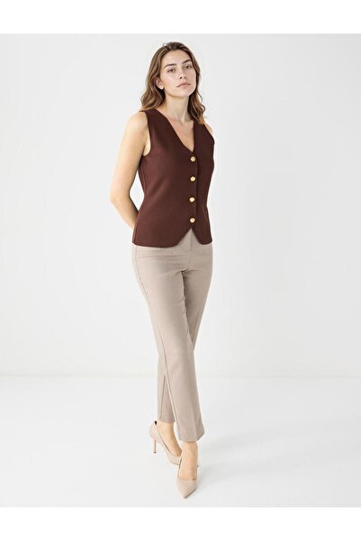 Jimmy Key Beige Melange Regular Leg High Waist Straight Cut Woven Trousers