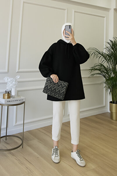 DARLİNG COLLECTİON Kadın Kapüşonlu Balon Kol 3 İplik Şardonlu Geniş Ve Bol Ka...